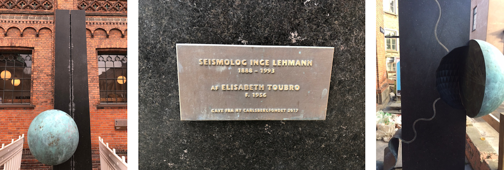 Photographs showing the Inge Lehmann memorial and dedication plaque in Denmark.