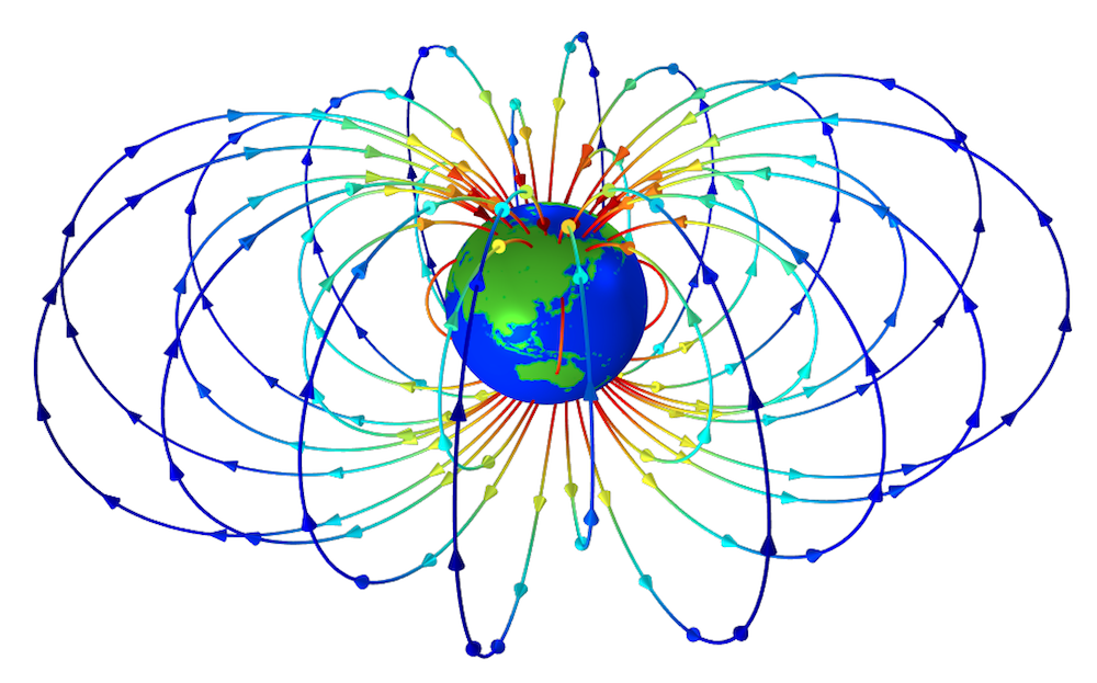 A plot of the magnetic field lines around Earth in COMSOL Multiphysics®.