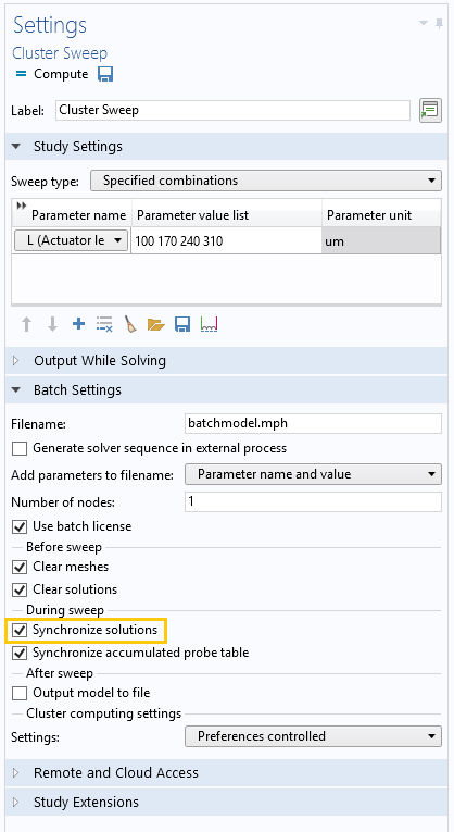 A screenshot showing the settings for adding cluster sweep results to a model.