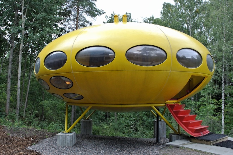 A photo of a Futuro house, which is made out of polyester material.