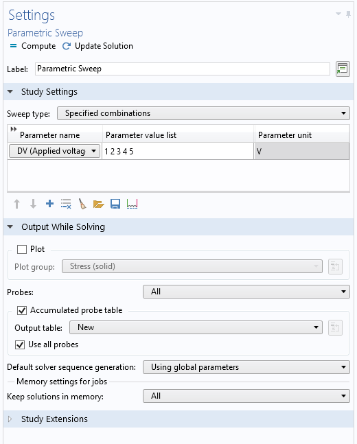 A screenshot of the settings for a nested parametric sweep in COMSOL Multiphysics®.