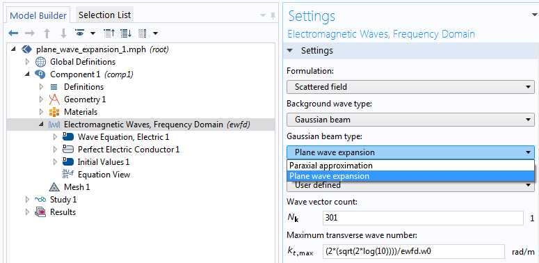 A screenshot of the Electromagnetic Waves, Frequency Domain settings in COMSOL Multiphysics.