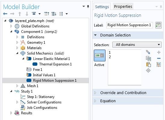 The settings for automatic rigid motion suppression in COMSOL Multiphysics.