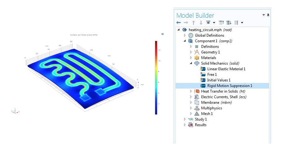 在 COMSOL 模型中使用刚体运动抑制的示例。