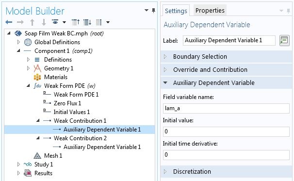 A screenshot of the Auxiliary Dependent Variable settings in the COMSOL software GUI.
