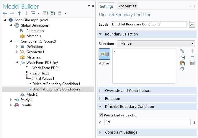 A screenshot of the Dirichlet Boundary Condition settings in COMSOL Multiphysics.