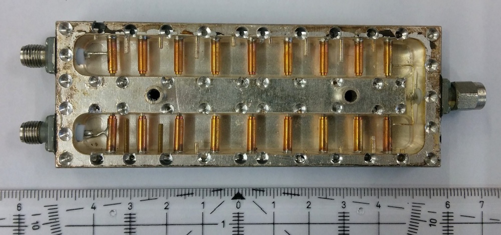 A photo of a disassembled RF diplexer.