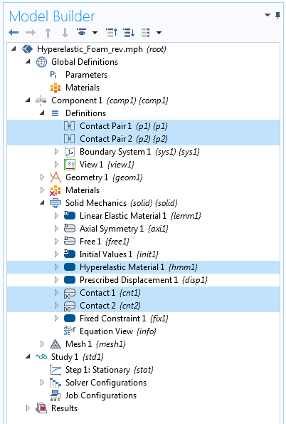 A screenshot of the Model Builder with Contact Pair, Hyperelastic Material, and Contact nodes highlighted.