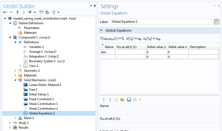 A screenshot of the Global Equations settings in COMSOL Multiphysics.