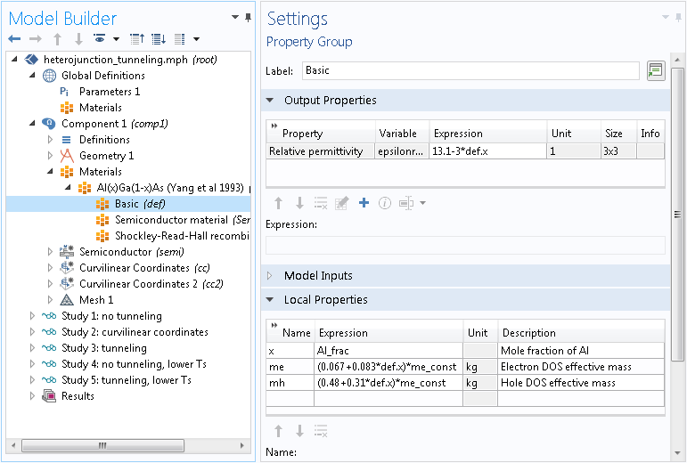A screenshot of a Settings window used to define material properties.