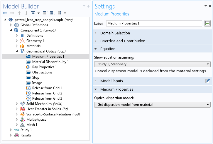 A screenshot showing the Settings window for the optical dispersion material properties.