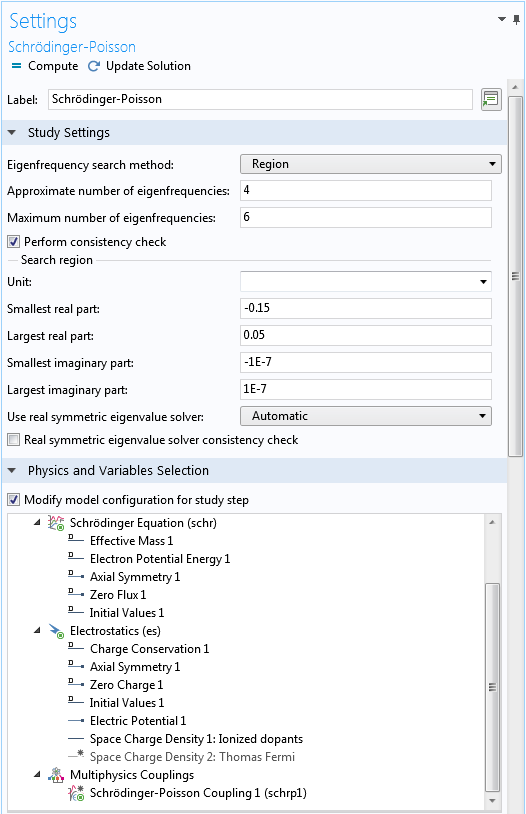 A screenshot of settings for the Schrödinger-Poisson study step in COMSOL Multiphysics.