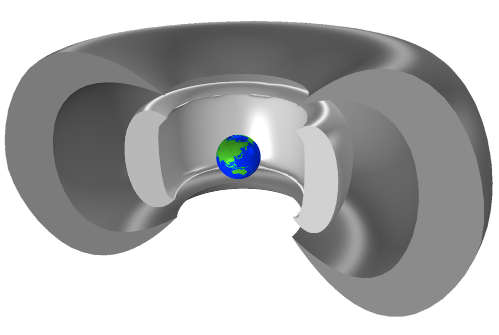 An image of a COMSOL Multiphysics® model showing the Van Allen belts surrounding Earth.