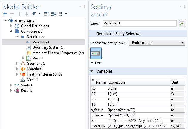 A screenshot of the Settings window for variable definitions in COMSOL Multiphysics.