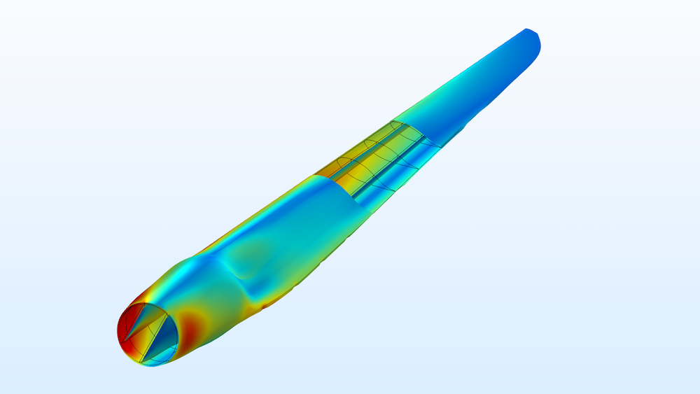 A wind turbine blade model created with使用 COMSOL Multiphysics 5.4 版本和‘复合材料模块’创建的风力发电机叶片模型。