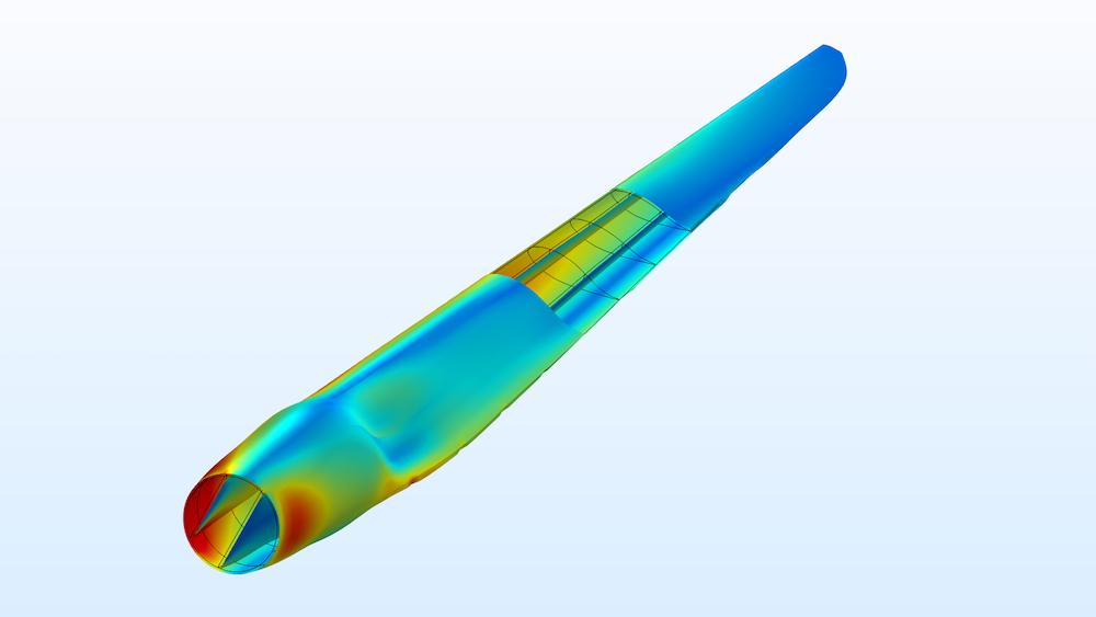 由Comsol Multiphysics版本5.4和复合材料模块创建的风力涡轮刀片模型。