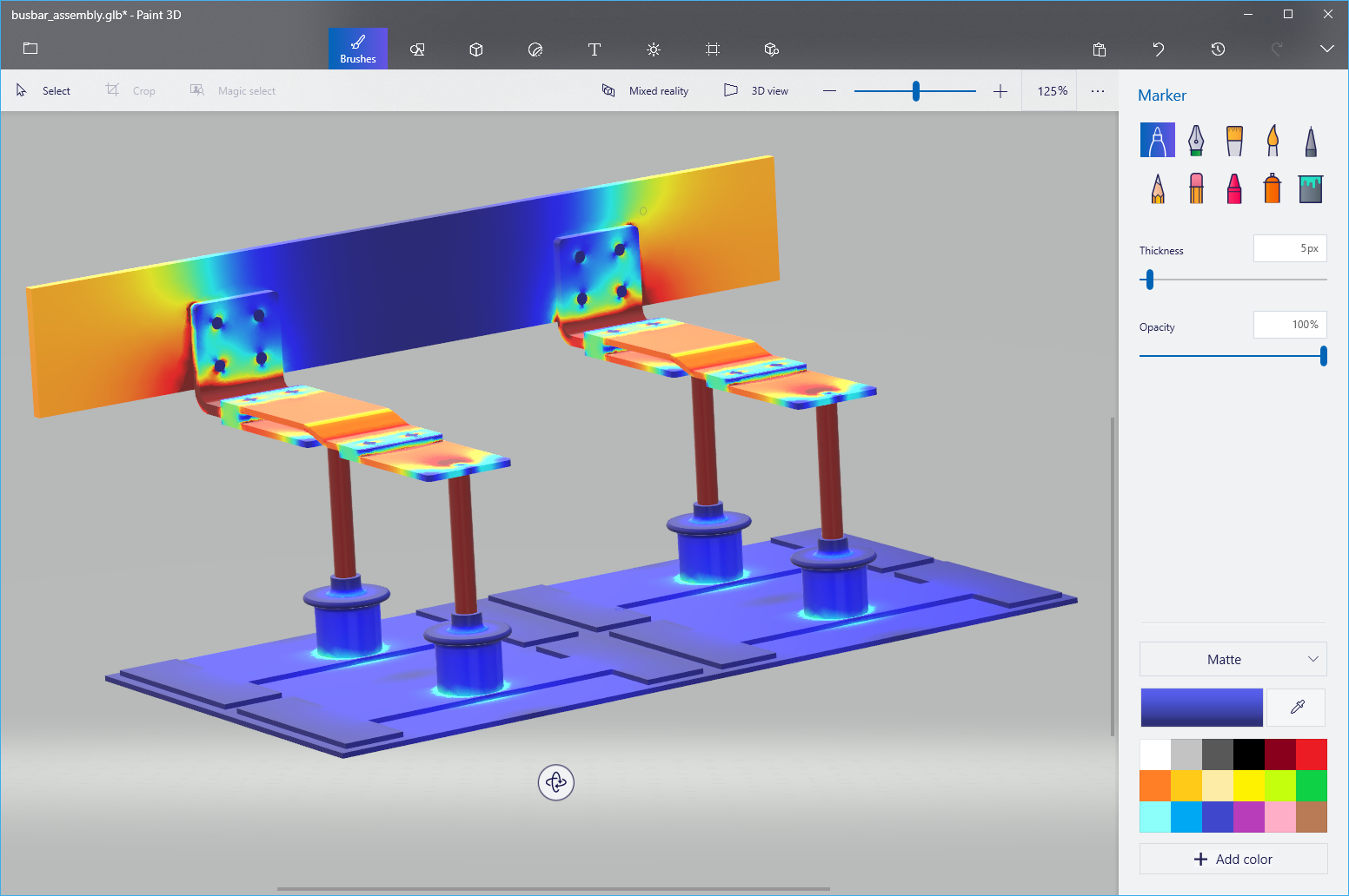 COMSOL Multiphysics 模型导出为 glTF 文件并导入到 Paint 3D 中。