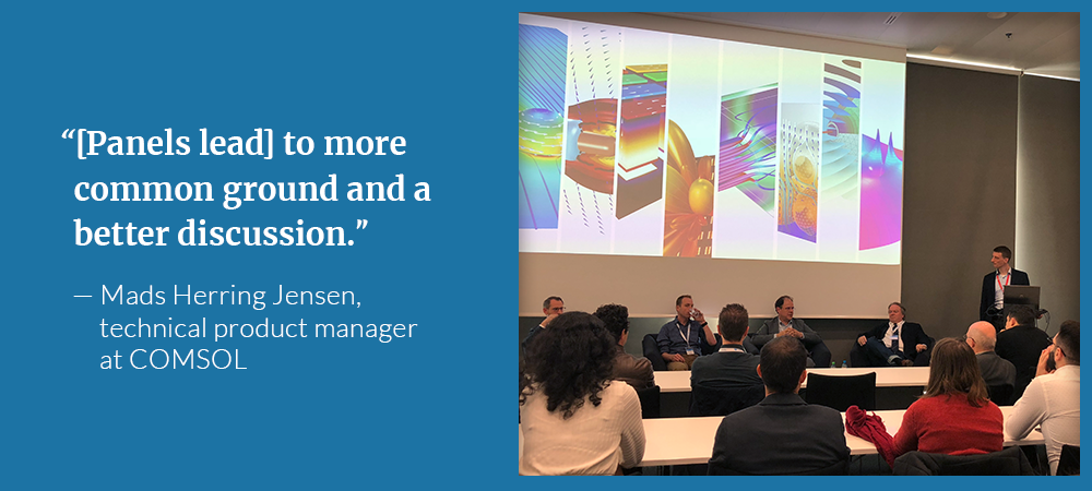 An image of an acoustics panel discussion at the COMSOL Conference alongside a moderator quote.