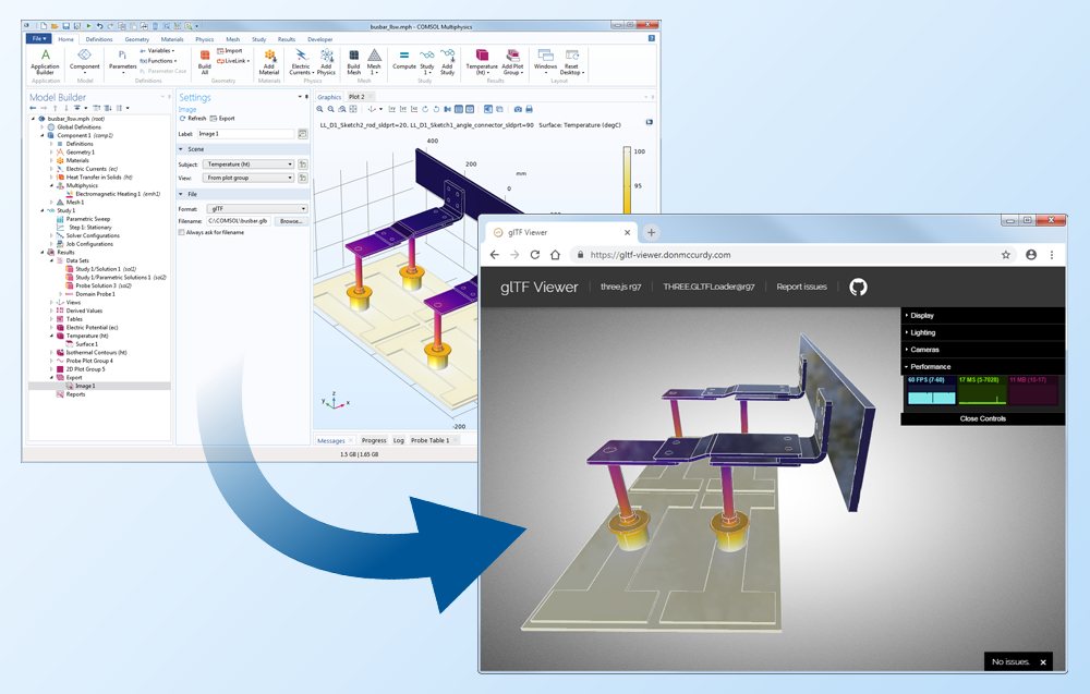 An example of exporting a COMSOL Multiphysics 3D result plot as a glTF file.