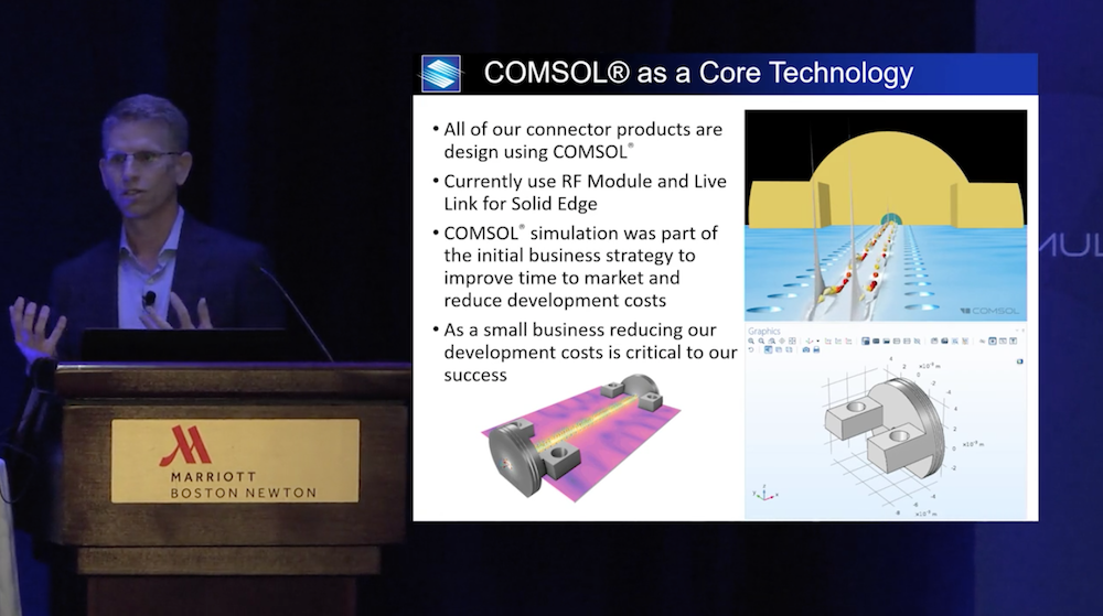 A photo of Eric Gebhard during his keynote talk at the COMSOL Conference.