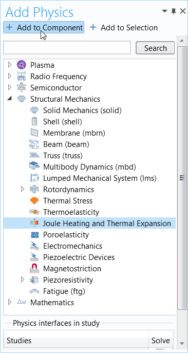A screenshot showing a multiphysics interface added to a model component.