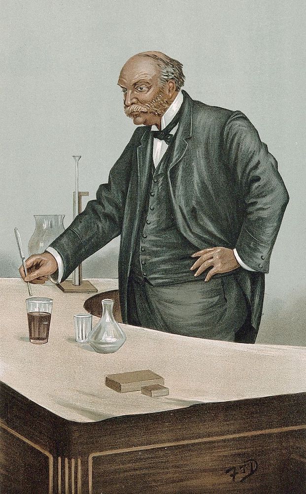 A painting of Lord Rayleigh working on argon.