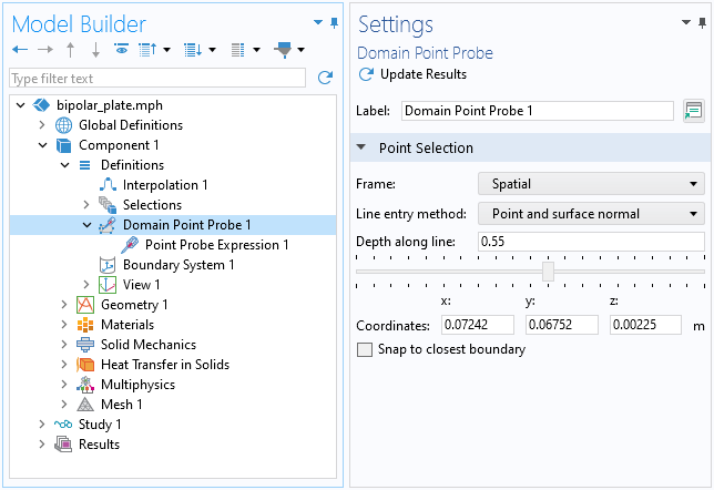 The COMSOL Multiphysics UI showing the Model Builder with the Domain Point Probe highlighted and the corresponding Settings window with the Point Selection section expanded.