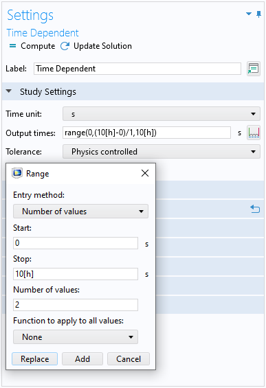 The Settings window for the Time Dependent feature.