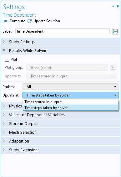 The Settings window for the Time Dependent feature with the Results While Solving section expanded.
