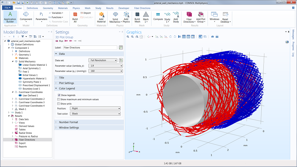 在 COMSOL Multiphysics® 中模拟的动脉壁中的纤维取向。