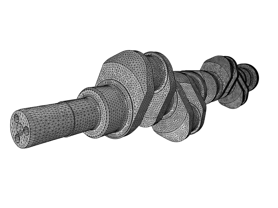 A mesh of a crankshaft, with its elements visible in the foreground.