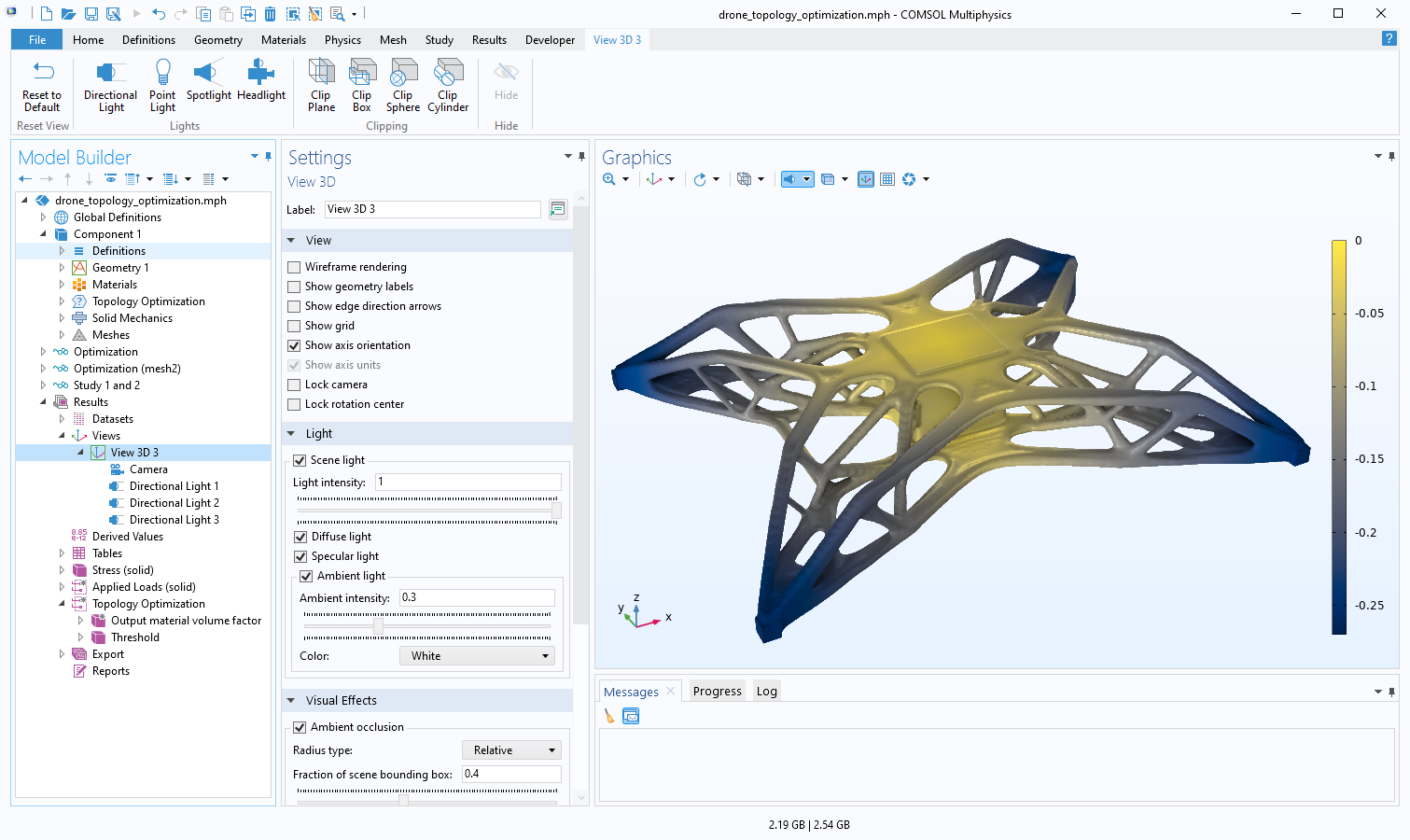 A screenshot of the Model Builder window and Graphics window in COMSOL Multiphysics. The View node is selected in the Model Builder window and some of the settings are shown, including the Ambient Occlusion check box. The Graphics window displays the results of a drone topology optimization model.