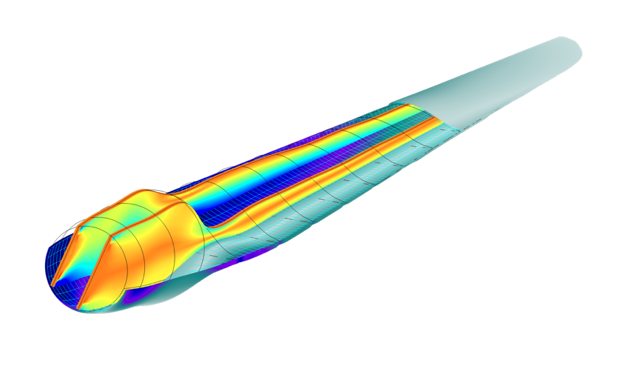 The von Mises stress distribution in the skin (partly hidden) and spar of a wind turbine composite blade.