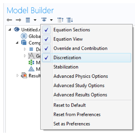 اسکرین شات انتخاب گسسته سازی در Model Builder COMSOL Multiphysics.