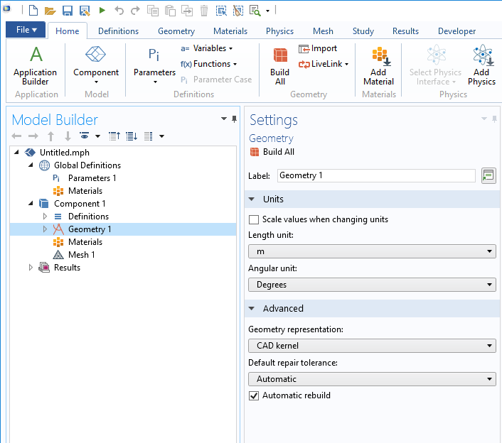 Screenshot of the Geometry settings window in COMSOL Multiphysics