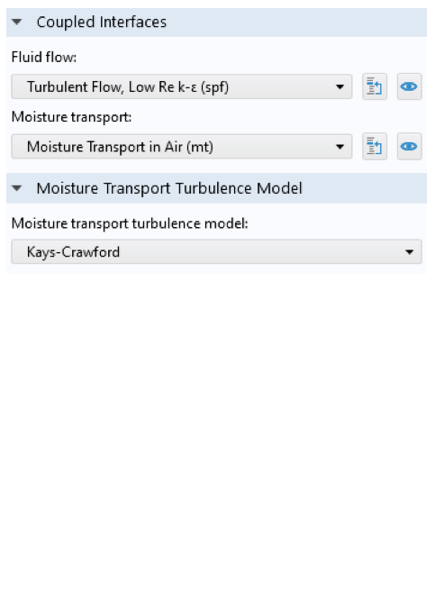 A screenshot of the Moisture Flow node defining the coupling between the flow and moisture transport interfaces.