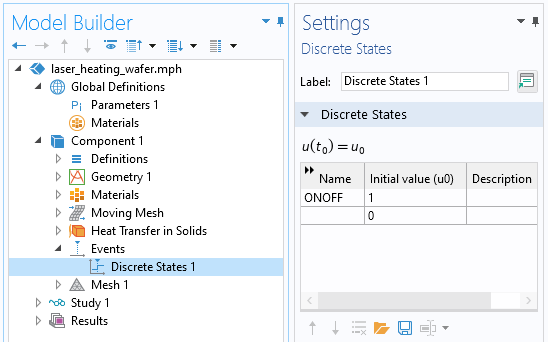A closeup view of the COMSOL Multiphysics UI showing the Model Builder with Discretes States 1 highlighted and the corresponding Settings window with the Discrete States section expanded.
