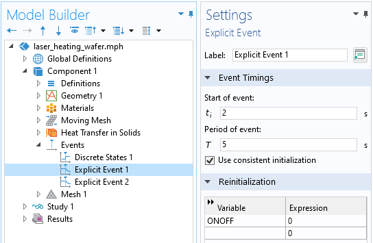 A closeup view of the COMSOL Multiphysics UI showing the Model Builder with Explicit Event 1 highlighted and the corresponding Settings window with the Event Timings and Reinitialization sections expanded.