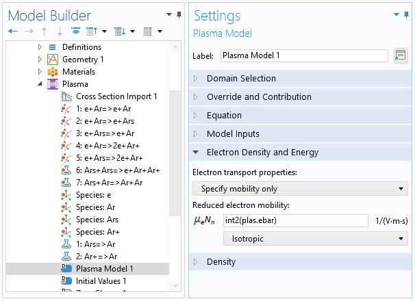 A closeup view of the COMSOL Multiphysics UI showing the Model Builder with the Plasma model node highlighted and the corresponding Settings window with the  Electron Density and Energy expanded.