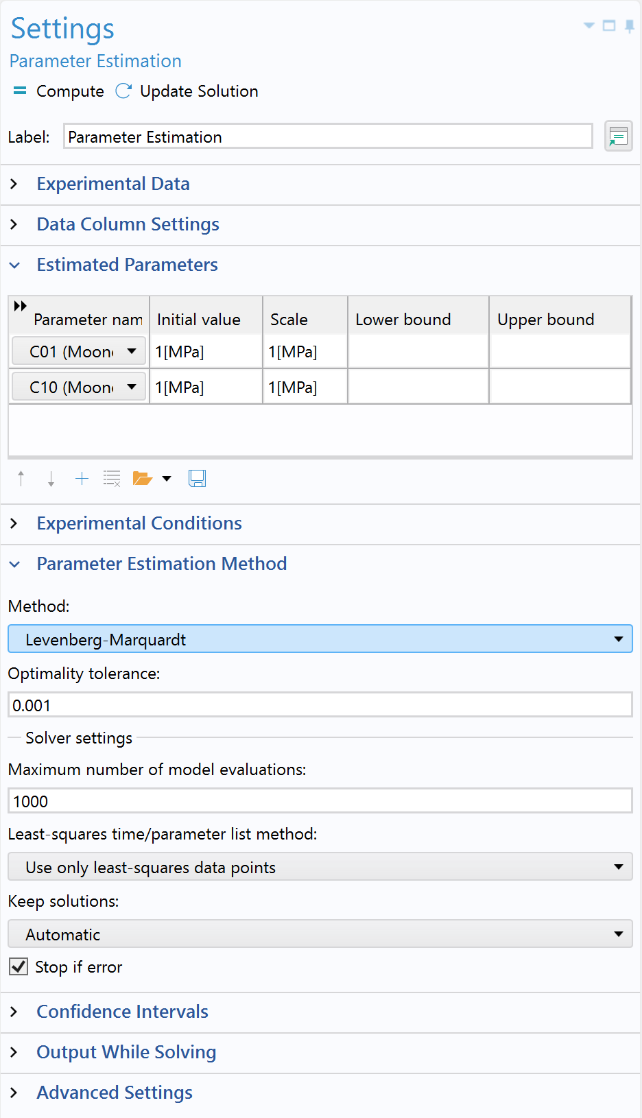 The COMSOL Multiphysics UI showing the Settings window for the Parameter Estimation study step with the Estimated Parameters and Parameter Estimation Method sections expanded.