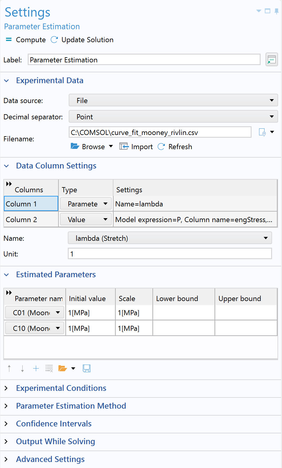 The COMSOL Multiphysics UI showing the Settings window for the Parameter Estimation study step with the Experimental Data, Data Column Settings, and Estimated Parameters sections expanded.