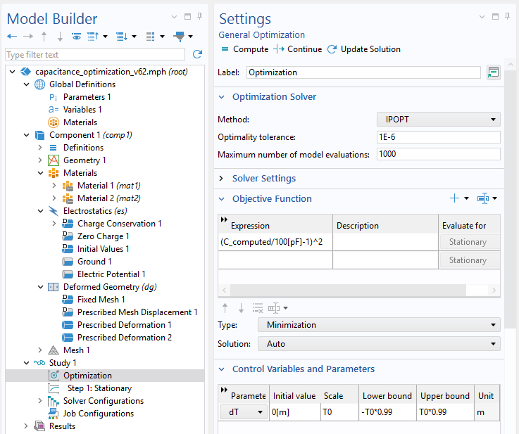 Screen capture showing the solver settings for a shape optimization problem.