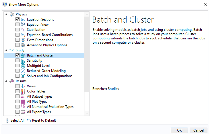 The Batch and Cluster Study open in the Show More Options menu.