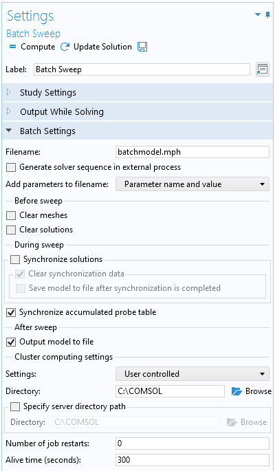 A screenshot of the Batch Settings section expanded in the Batch Sweep Settings window.