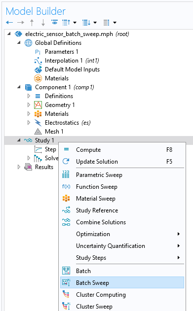The Batch Sweep menu option in COMSOL Multiphysics.