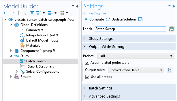 The Model Builder with Batch Sweep highlighted and the corresponding Settings window with the Output While Solving section expanded.