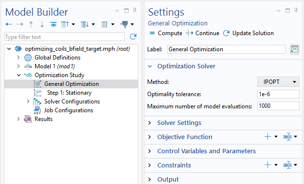 A screenshot showing the Optimization settings in COMSOL Multiphysics.