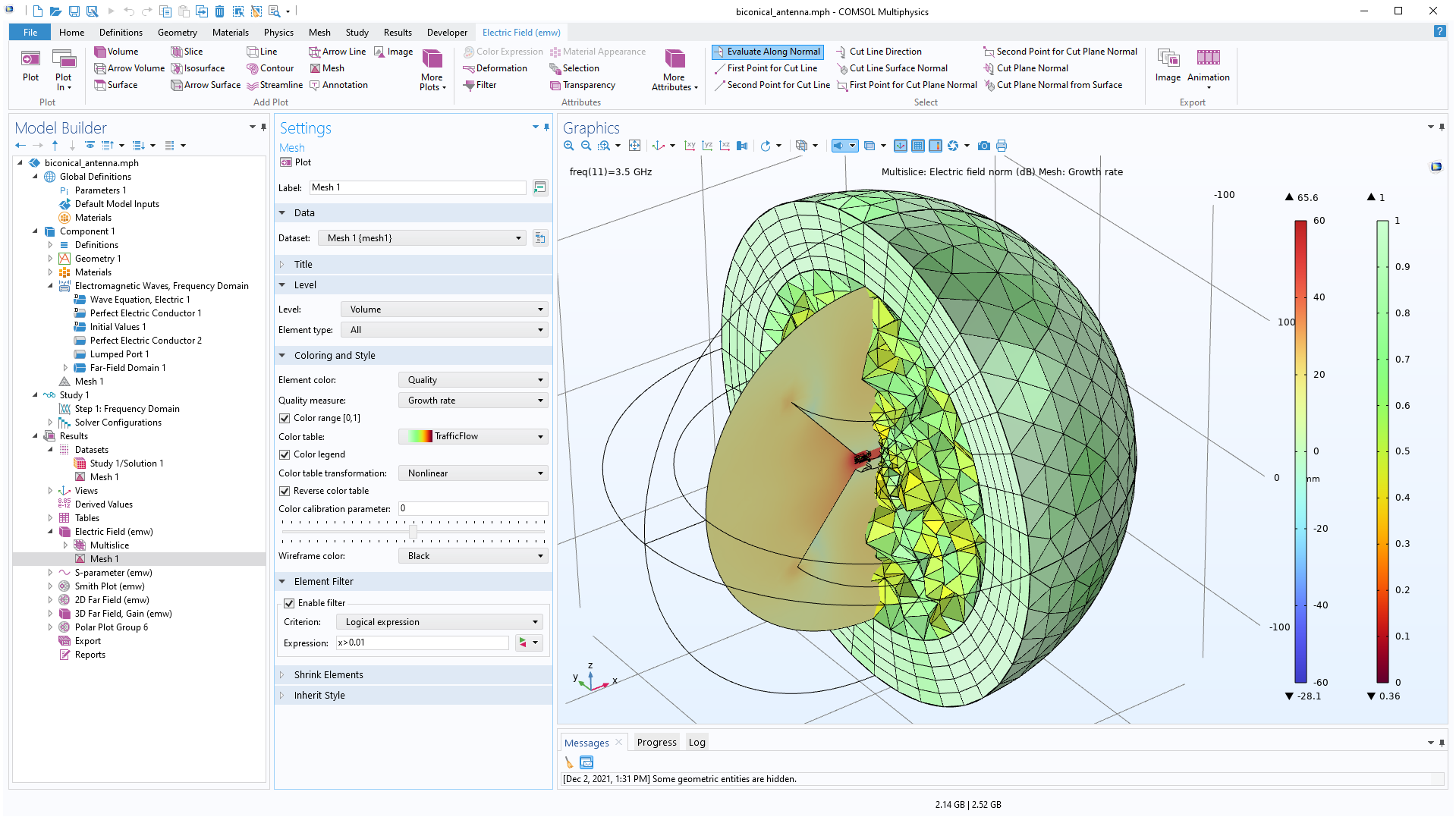 The COMSOL Multiphysics UI showing the Model Builder with the Mesh node selected, the corresponding Settings window, and a Biconical Antenna  model in the Graphics window.