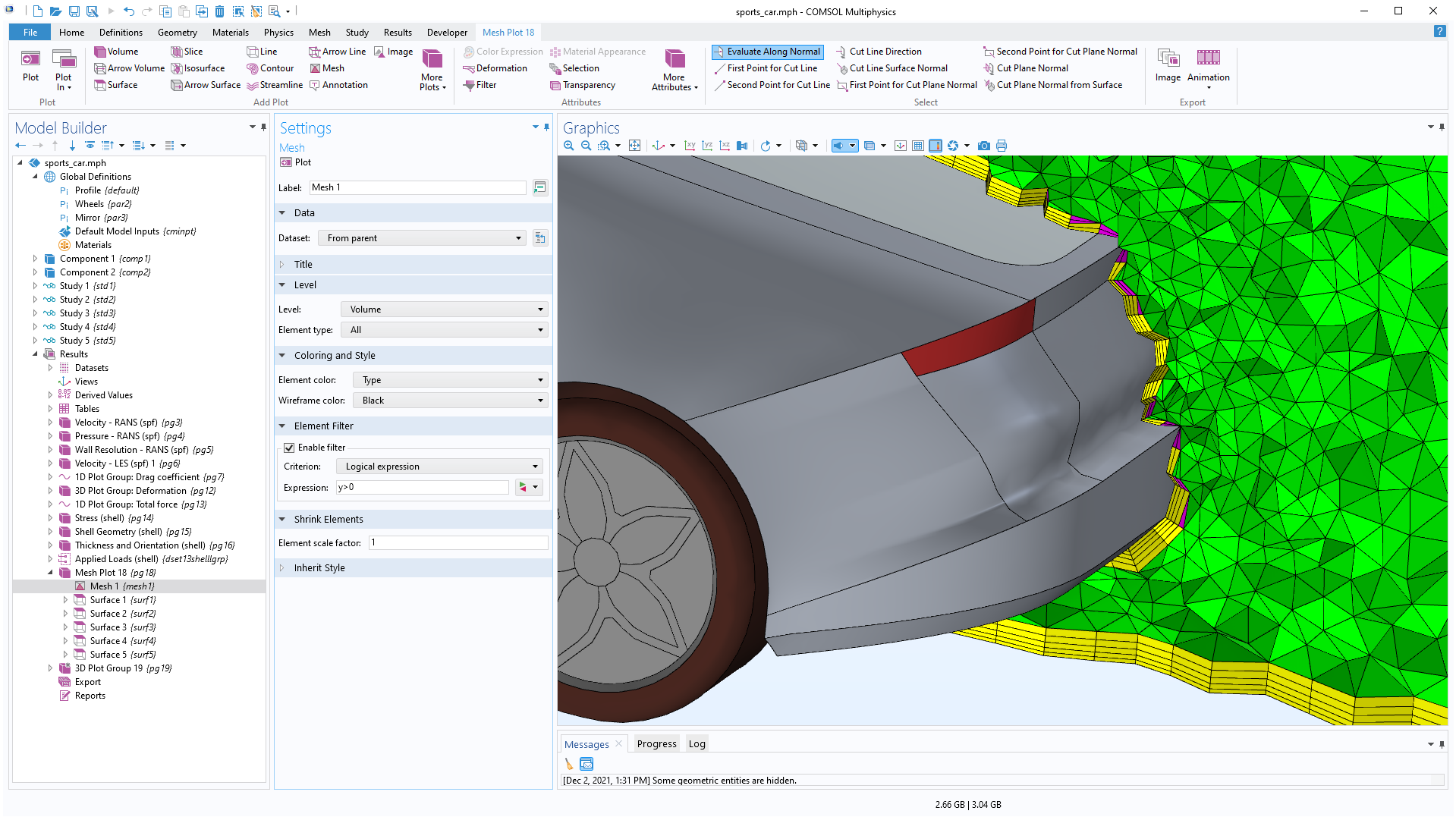 The COMSOL Multiphysics UI showing the Model Builder with the Mesh node selected, the corresponding Settings window, and a sports car model in the Graphics window.