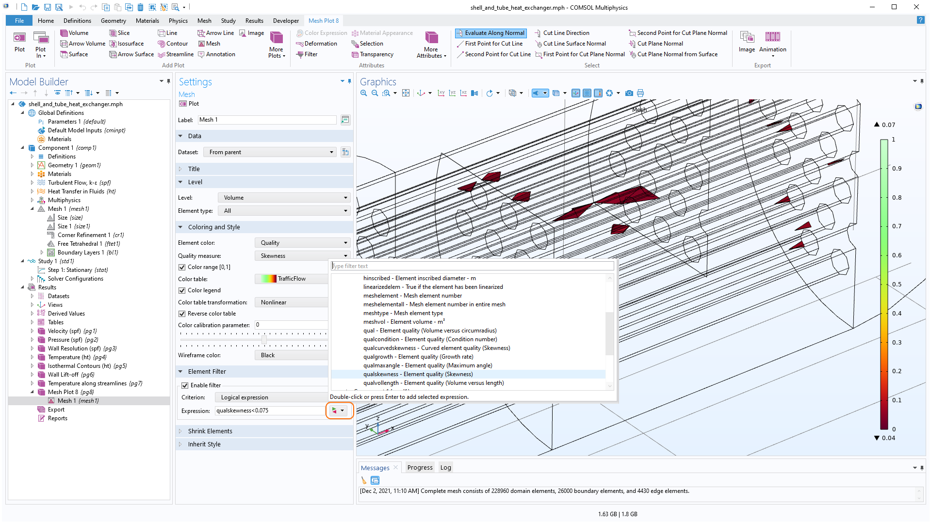 The COMSOL Multiphysics UI showing the Model Builder with the Mesh node selected, the corresponding Settings window, and a shell-and-tube heat exchanger model in the Graphics window. The Replace Expression window is displayed in front of the Settings and Graphics window, which gives easy access to the different quality measures.